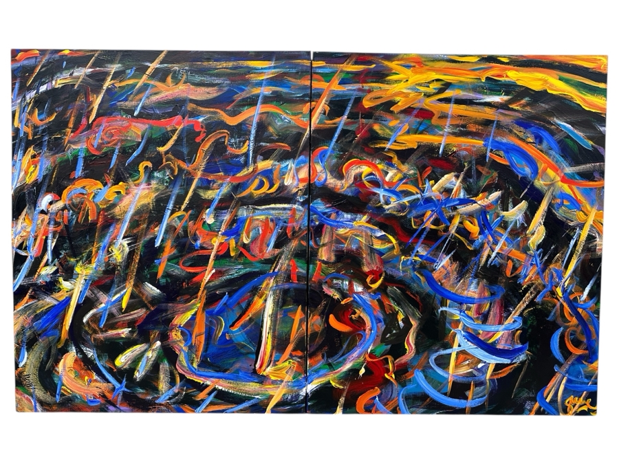 Gerrit Greve (1948-2024, Cardiff by the Sea, CA) Original Acrylic Diptych Painting On Canvas Titled 'The End Of Fire' Signed Bottom Right And Verso Dated 1990 48' X 78' Estimate $3,700 - $4,700