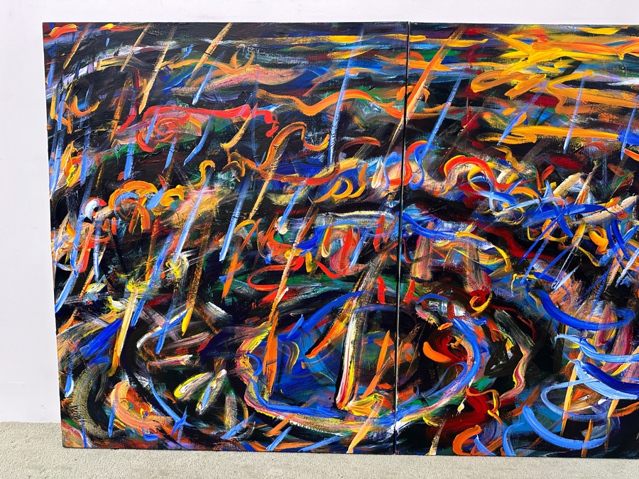 Gerrit Greve (1948-2024, Cardiff by the Sea, CA) Original Acrylic Diptych Painting On Canvas Titled 'The End Of Fire' Signed Bottom Right And Verso Dated 1990 48' X 78' Estimate $3,700 - $4,700 [Photo 3]