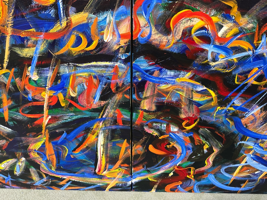 Gerrit Greve (1948-2024, Cardiff by the Sea, CA) Original Acrylic Diptych Painting On Canvas Titled 'The End Of Fire' Signed Bottom Right And Verso Dated 1990 48' X 78' Estimate $3,700 - $4,700 [Photo 4]