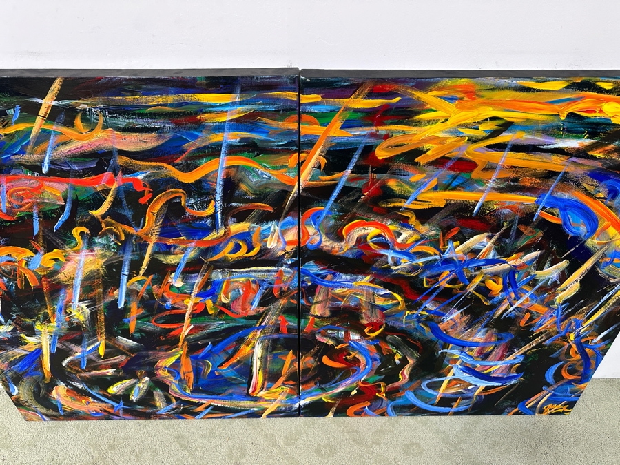 Gerrit Greve (1948-2024, Cardiff by the Sea, CA) Original Acrylic Diptych Painting On Canvas Titled 'The End Of Fire' Signed Bottom Right And Verso Dated 1990 48' X 78' Estimate $3,700 - $4,700 [Photo 5]