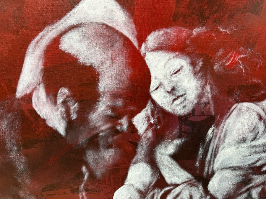 Gerrit Greve (1948-2024, Cardiff by the Sea, CA) Original Acrylic Painting On Canvas Titled 'The Inspiration Of St. Matthew II After Caravaggio Circa 1594-96 - Witness #2' Signed Verso Dated 1994 45' X 72' Estimate $3,200 - $4,000 [Photo 4]