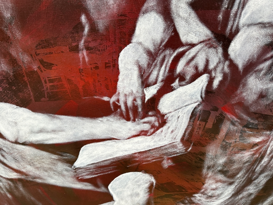 Gerrit Greve (1948-2024, Cardiff by the Sea, CA) Original Acrylic Painting On Canvas Titled 'The Inspiration Of St. Matthew II After Caravaggio Circa 1594-96 - Witness #2' Signed Verso Dated 1994 45' X 72' Estimate $3,200 - $4,000 [Photo 5]