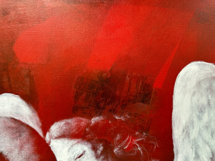 Gerrit Greve (1948-2024, Cardiff by the Sea, CA) Original Acrylic Painting On Canvas Titled 'The Inspiration Of St. Matthew II After Caravaggio Circa 1594-96 - Witness #2' Signed Verso Dated 1994 45' X 72' Estimate $3,200 - $4,000 [Photo 8]