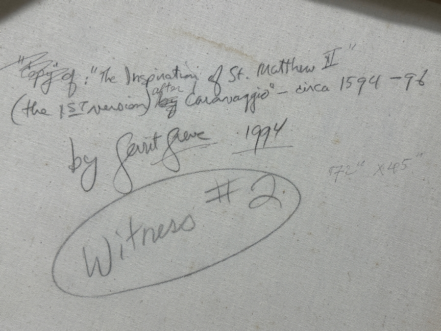 Gerrit Greve (1948-2024, Cardiff by the Sea, CA) Original Acrylic Painting On Canvas Titled 'The Inspiration Of St. Matthew II After Caravaggio Circa 1594-96 - Witness #2' Signed Verso Dated 1994 45' X 72' Estimate $3,200 - $4,000 [Photo 12]