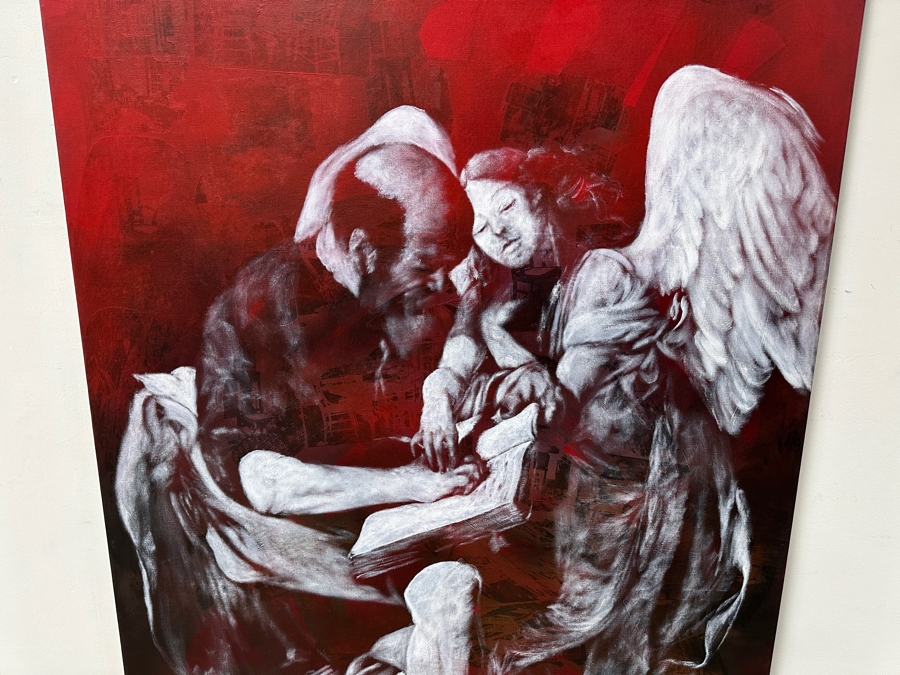 Gerrit Greve (1948-2024, Cardiff by the Sea, CA) Original Acrylic Painting On Canvas Titled 'The Inspiration Of St. Matthew II After Caravaggio Circa 1594-96 - Witness #2' Signed Verso Dated 1994 45' X 72' Estimate $3,200 - $4,000 [Photo 2]