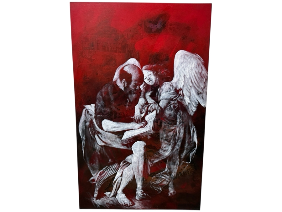 Gerrit Greve (1948-2024, Cardiff by the Sea, CA) Original Acrylic Painting On Canvas Titled 'The Inspiration Of St. Matthew II After Caravaggio Circa 1594-96 - Witness #2' Signed Verso Dated 1994 45' X 72' Estimate $3,200 - $4,000