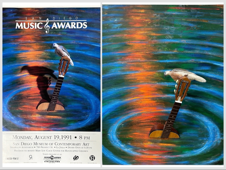 Gerrit Greve (1948-2024, Cardiff by the Sea, CA) Original Acrylic 3D Mixed-Media Painting On Canvas With Actual Guitar Titled 'Sound Waves' Signed Verso Dated 1991 39' X 48' Estimate $2,000 - $2,400 Used As Poster For 1st Annual San Diego Music Awards