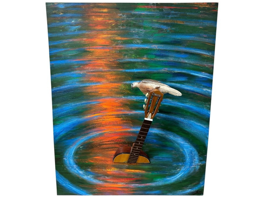 Gerrit Greve (1948-2024, Cardiff by the Sea, CA) Original Acrylic 3D Mixed-Media Painting On Canvas With Actual Guitar Titled 'Sound Waves' Signed Verso Dated 1991 39' X 48' Estimate $2,000 - $2,400 Used As Poster For 1st Annual San Diego Music Awards [Photo 2]