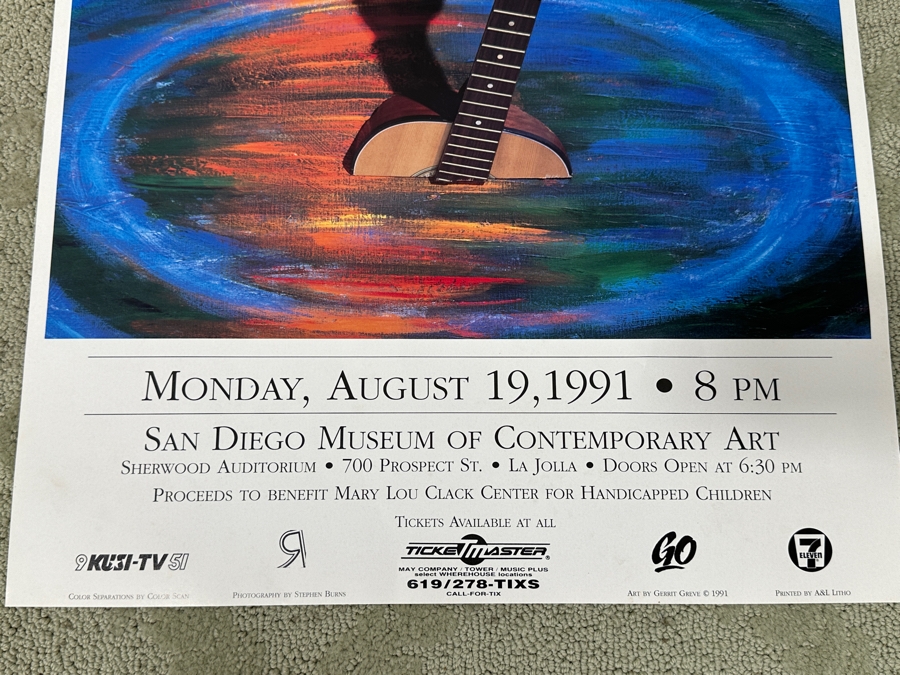 Gerrit Greve (1948-2024, Cardiff by the Sea, CA) Original Acrylic 3D Mixed-Media Painting On Canvas With Actual Guitar Titled 'Sound Waves' Signed Verso Dated 1991 39' X 48' Estimate $2,000 - $2,400 Used As Poster For 1st Annual San Diego Music Awards [Photo 18]