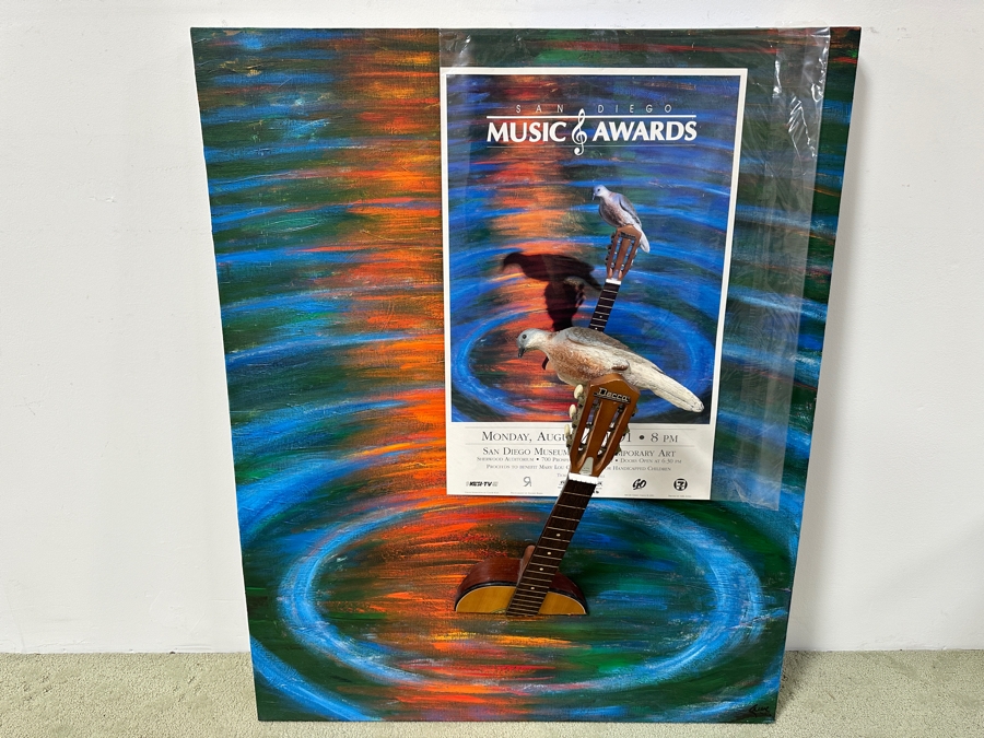Gerrit Greve (1948-2024, Cardiff by the Sea, CA) Original Acrylic 3D Mixed-Media Painting On Canvas With Actual Guitar Titled 'Sound Waves' Signed Verso Dated 1991 39' X 48' Estimate $2,000 - $2,400 Used As Poster For 1st Annual San Diego Music Awards [Photo 22]