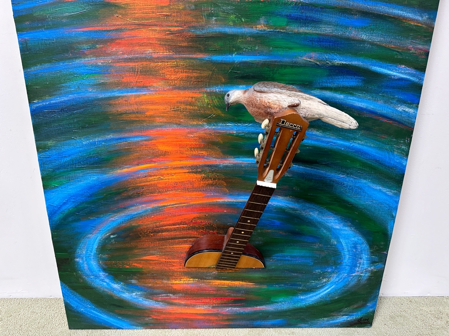 Gerrit Greve (1948-2024, Cardiff by the Sea, CA) Original Acrylic 3D Mixed-Media Painting On Canvas With Actual Guitar Titled 'Sound Waves' Signed Verso Dated 1991 39' X 48' Estimate $2,000 - $2,400 Used As Poster For 1st Annual San Diego Music Awards [Photo 5]