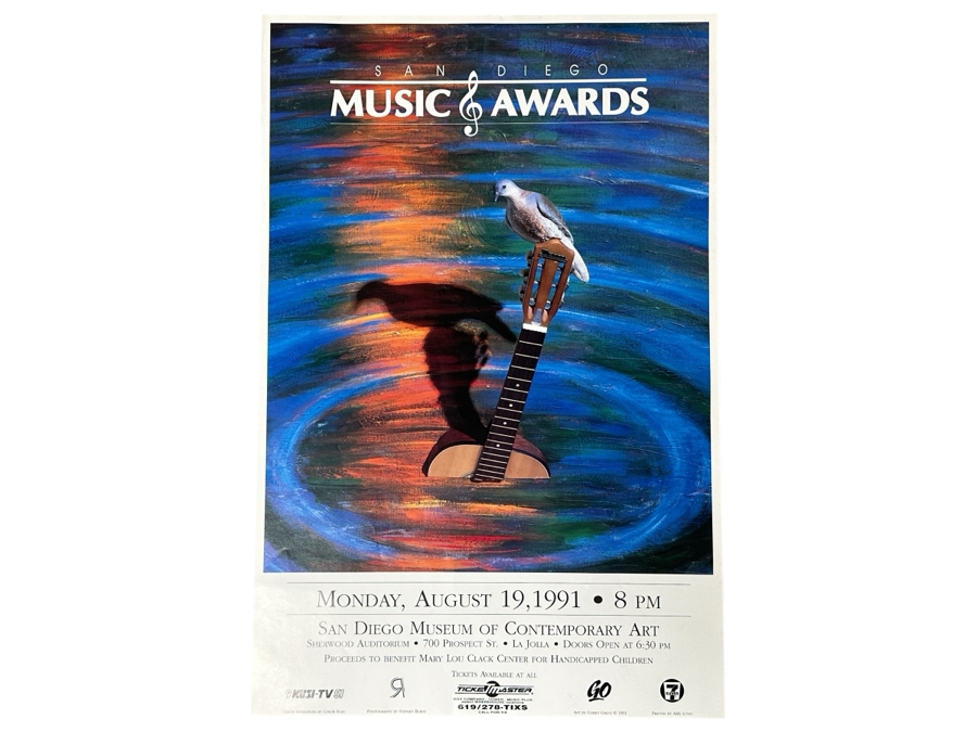 Gerrit Greve (1948-2024, Cardiff by the Sea, CA) Original Acrylic 3D Mixed-Media Painting On Canvas With Actual Guitar Titled 'Sound Waves' Signed Verso Dated 1991 39' X 48' Estimate $2,000 - $2,400 Used As Poster For 1st Annual San Diego Music Awards [Photo 3]