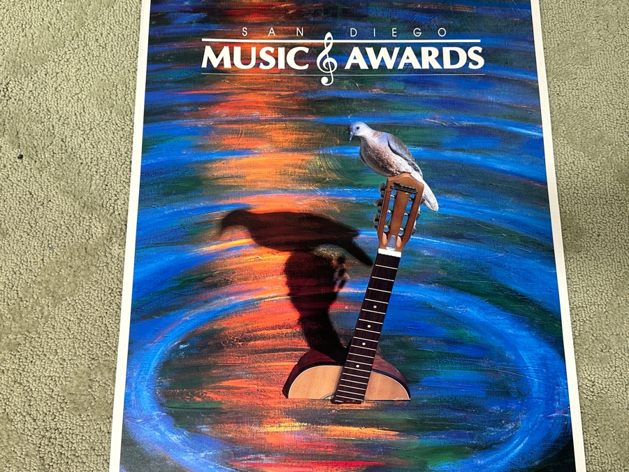 Gerrit Greve (1948-2024, Cardiff by the Sea, CA) Original Acrylic 3D Mixed-Media Painting On Canvas With Actual Guitar Titled 'Sound Waves' Signed Verso Dated 1991 39' X 48' Estimate $2,000 - $2,400 Used As Poster For 1st Annual San Diego Music Awards [Photo 17]