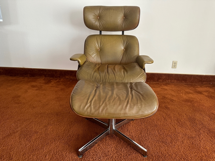 Mid-Century Modern George Mulhauser For Plycraft Lounge Chair With Ottoman In Camel-Colored Leather With Bent Walnut Body And Chromed Metal Base [Photo 9]