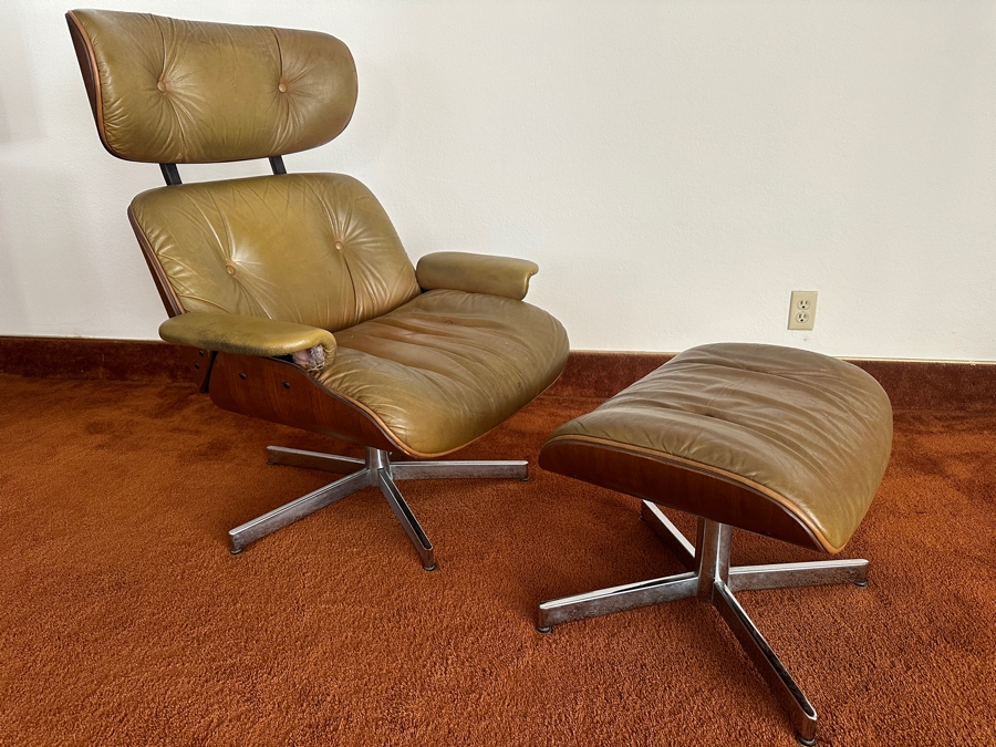 Mid-Century Modern George Mulhauser For Plycraft Lounge Chair With Ottoman In Camel-Colored Leather With Bent Walnut Body And Chromed Metal Base [Photo 4]