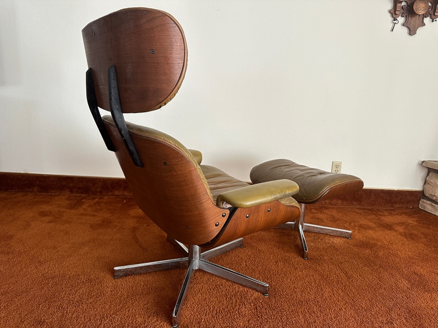 Mid-Century Modern George Mulhauser For Plycraft Lounge Chair With Ottoman In Camel-Colored Leather With Bent Walnut Body And Chromed Metal Base [Photo 7]