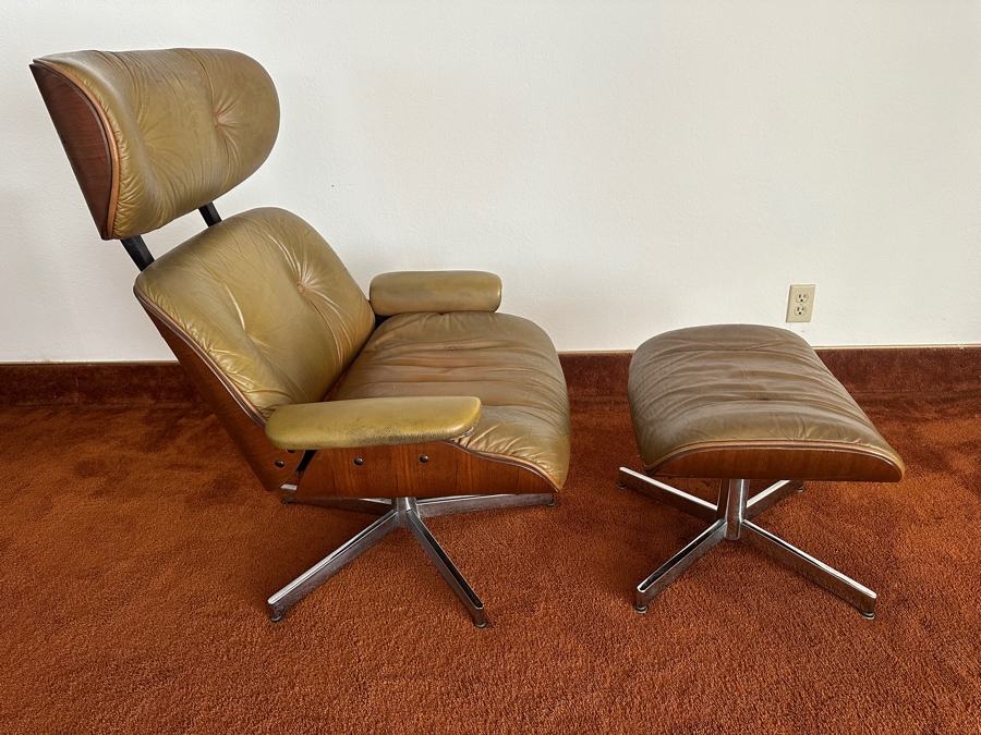 Mid-Century Modern George Mulhauser For Plycraft Lounge Chair With Ottoman In Camel-Colored Leather With Bent Walnut Body And Chromed Metal Base [Photo 3]