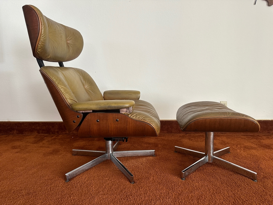 Mid-Century Modern George Mulhauser For Plycraft Lounge Chair With Ottoman In Camel-Colored Leather With Bent Walnut Body And Chromed Metal Base [Photo 2]