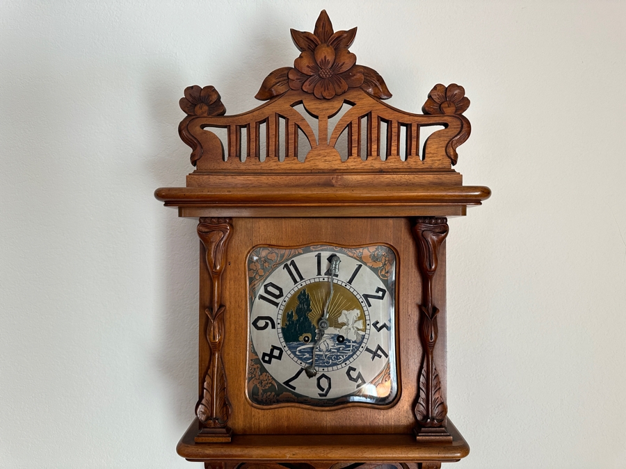 Stunning Antique Art Nouveau German Wall Clock With Ornate Wooden Carvings Working 15W X 7D X 34H [Photo 3]