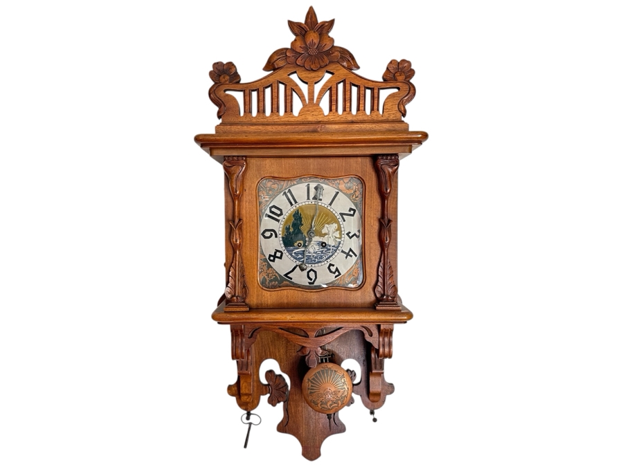 Stunning Antique Art Nouveau German Wall Clock With Ornate Wooden Carvings Working 15W X 7D X 34H