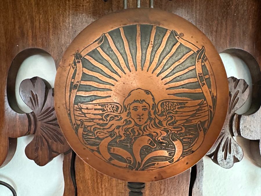 Stunning Antique Art Nouveau German Wall Clock With Ornate Wooden Carvings Working 15W X 7D X 34H [Photo 2]