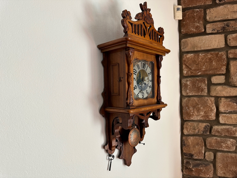 Stunning Antique Art Nouveau German Wall Clock With Ornate Wooden Carvings Working 15W X 7D X 34H [Photo 11]