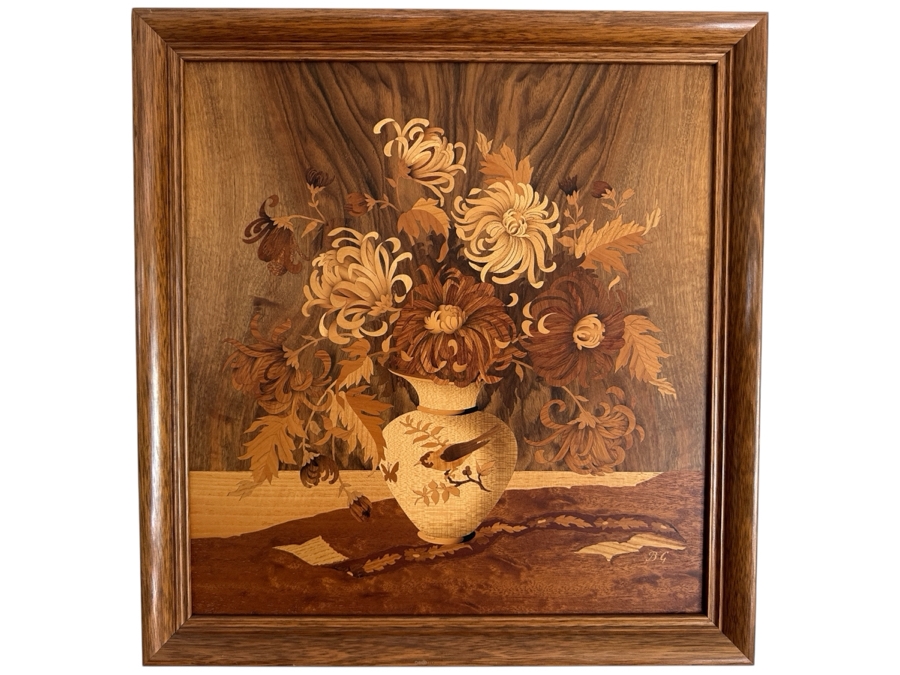 Stunning Vintage Wooden Inlay Marquetry Picture Known As The 'Chrysanthemum' Series Produced By The German Company Buchschmid & Gretaux (B&G) 17.5W X 18.5H Framed 20.5 X 21.5