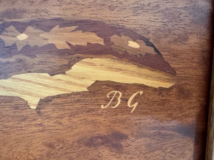 Stunning Vintage Wooden Inlay Marquetry Picture Known As The 'Chrysanthemum' Series Produced By The German Company Buchschmid & Gretaux (B&G) 17.5W X 18.5H Framed 20.5 X 21.5 [Photo 5]