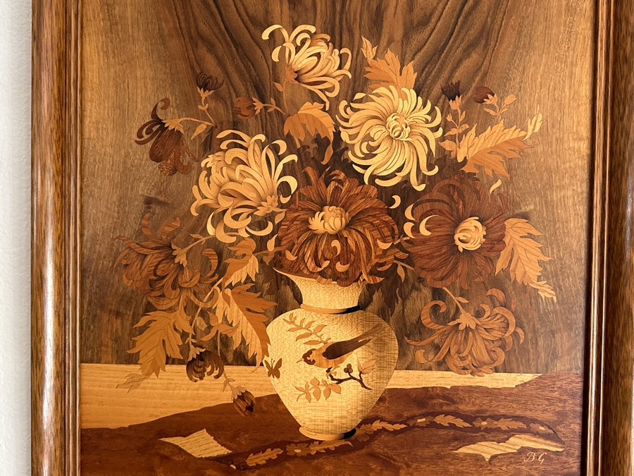 Stunning Vintage Wooden Inlay Marquetry Picture Known As The 'Chrysanthemum' Series Produced By The German Company Buchschmid & Gretaux (B&G) 17.5W X 18.5H Framed 20.5 X 21.5 [Photo 2]