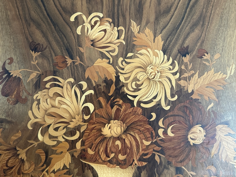 Stunning Vintage Wooden Inlay Marquetry Picture Known As The 'Chrysanthemum' Series Produced By The German Company Buchschmid & Gretaux (B&G) 17.5W X 18.5H Framed 20.5 X 21.5 [Photo 4]