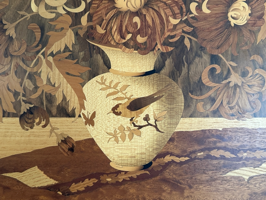 Stunning Vintage Wooden Inlay Marquetry Picture Known As The 'Chrysanthemum' Series Produced By The German Company Buchschmid & Gretaux (B&G) 17.5W X 18.5H Framed 20.5 X 21.5 [Photo 3]