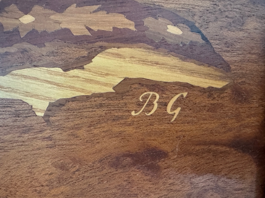 Stunning Vintage Wooden Inlay Marquetry Picture Known As The 'Chrysanthemum' Series Produced By The German Company Buchschmid & Gretaux (B&G) 17.5W X 18.5H Framed 20.5 X 21.5 [Photo 6]