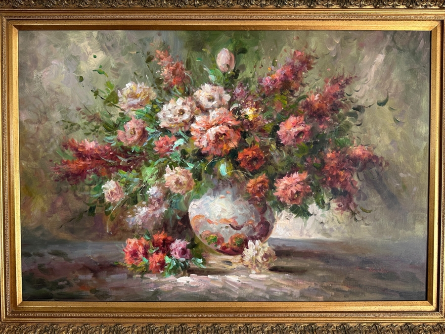 Original Still Life Oil Painting On Canvas Signed Lower Right T. Denver 36 X 24 Framed 41.5 X 30