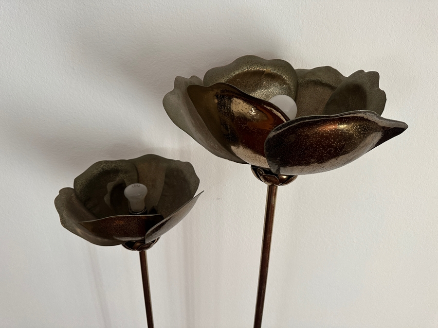 Vintage Tommaso Barbi Italian Modernist Brass Floral Double Lotus Flowers Floor Lamp With Travertine Base 17.5W X 70H [Photo 5]