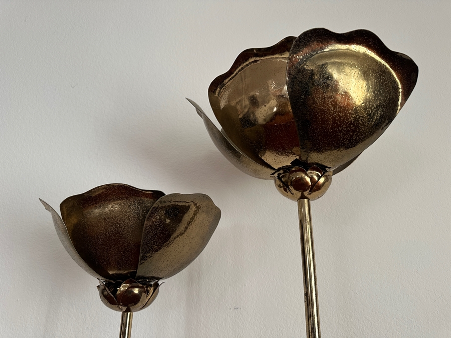 Vintage Tommaso Barbi Italian Modernist Brass Floral Double Lotus Flowers Floor Lamp With Travertine Base 17.5W X 70H [Photo 4]