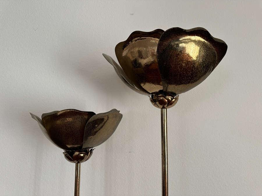 Vintage Tommaso Barbi Italian Modernist Brass Floral Double Lotus Flowers Floor Lamp With Travertine Base 17.5W X 70H [Photo 3]