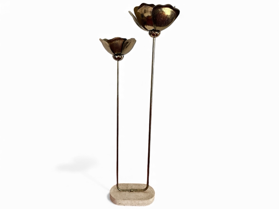 Vintage Tommaso Barbi Italian Modernist Brass Floral Double Lotus Flowers Floor Lamp With Travertine Base 17.5W X 70H