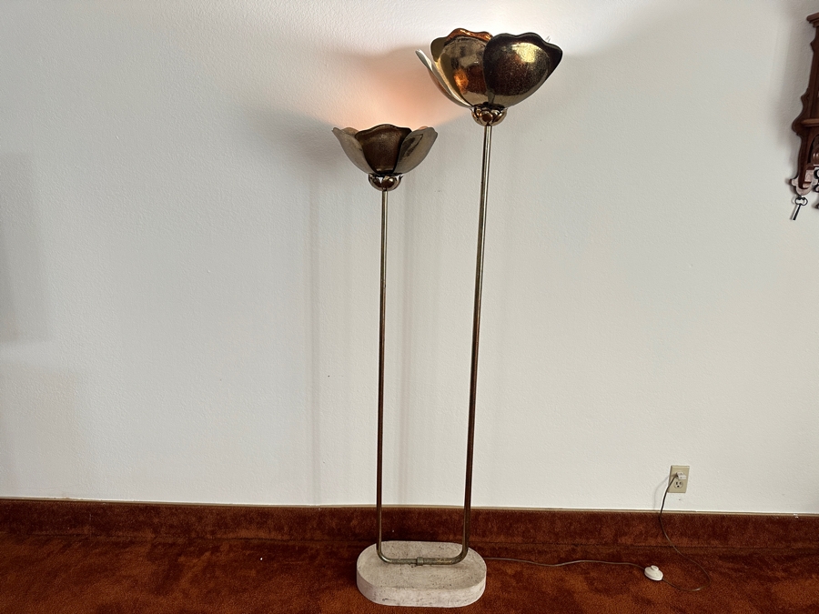 Vintage Tommaso Barbi Italian Modernist Brass Floral Double Lotus Flowers Floor Lamp With Travertine Base 17.5W X 70H [Photo 2]