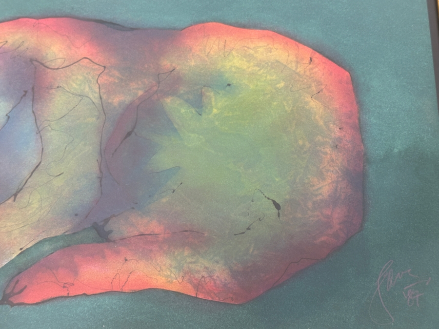 Just Added - Gerrit Greve (1948-2024, Cardiff by the Sea, CA) Original Acrylic Painting On Paper Untitled Cat Signed Bottom Right Dated 1987 27” X 21” Framed: 35.5” x 29.5” [Photo 5]