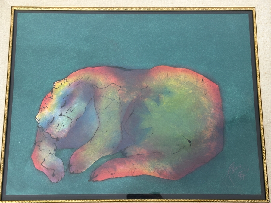 Just Added - Gerrit Greve (1948-2024, Cardiff by the Sea, CA) Original Acrylic Painting On Paper Untitled Cat Signed Bottom Right Dated 1987 27” X 21” Framed: 35.5” x 29.5” [Photo 3]