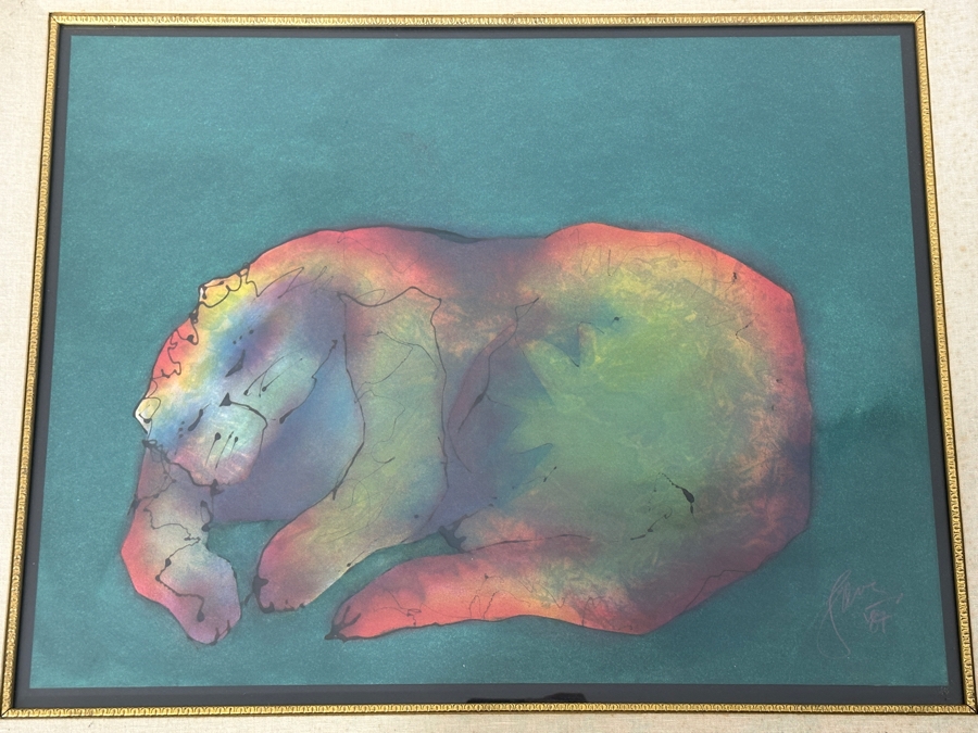 Just Added - Gerrit Greve (1948-2024, Cardiff by the Sea, CA) Original Acrylic Painting On Paper Untitled Cat Signed Bottom Right Dated 1987 27” X 21” Framed: 35.5” x 29.5” [Photo 2]