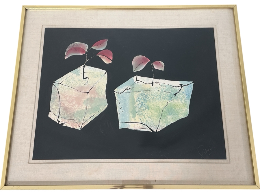 Just Added - Gerrit Greve (1948-2024, Cardiff by the Sea, CA) Original Acrylic Painting On Paper Titled “Plants in the Night” Signed Bottom Right Dated 1986 26” X 20” Framed: 33” x 27.5”  [Photo 12]