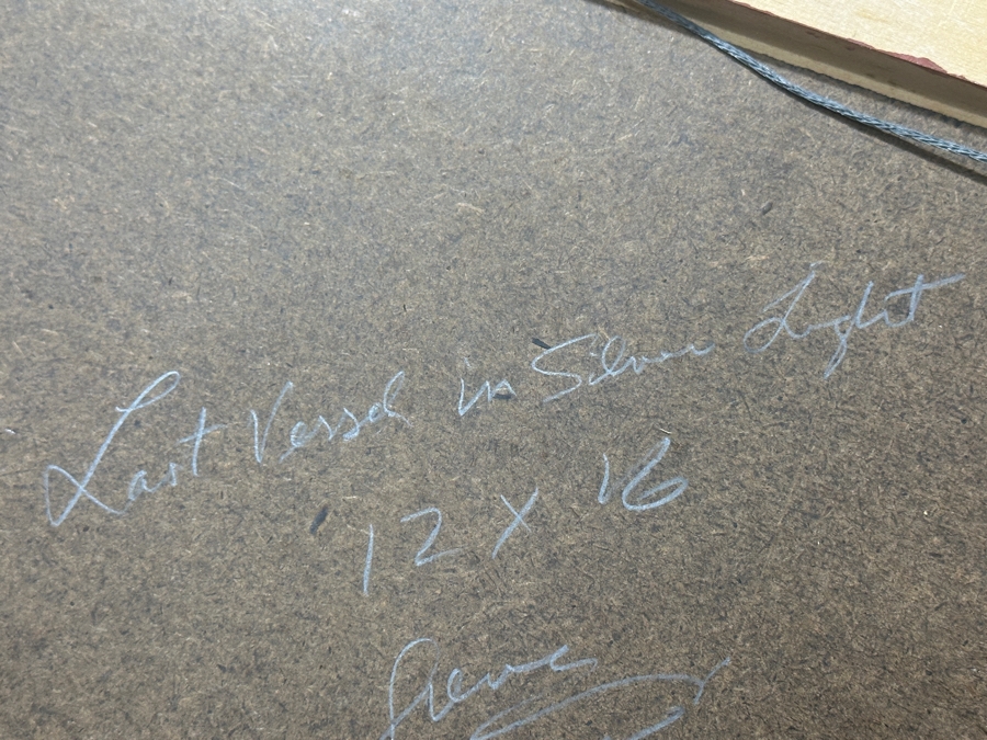 Just Added - Gerrit Greve (1948-2024, Cardiff by the Sea, CA) Original Acrylic Painting On Board Titled “Last Vessel in Silver Light” Signed Verso Dated 1998 16” X 12” Framed: 24” x 20”  [Photo 16]