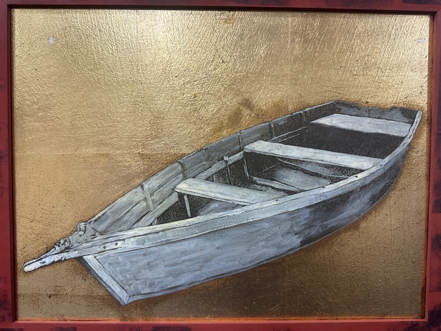 Just Added - Gerrit Greve (1948-2024, Cardiff by the Sea, CA) Original Acrylic Painting On Board Titled “Last Vessel in Silver Light” Signed Verso Dated 1998 16” X 12” Framed: 24” x 20”  [Photo 3]