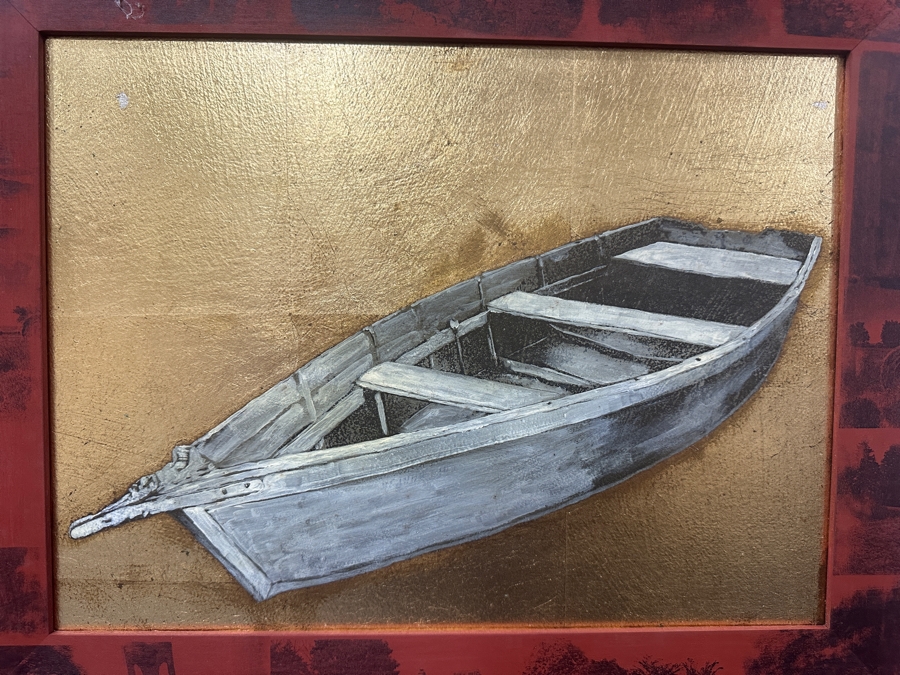 Just Added - Gerrit Greve (1948-2024, Cardiff by the Sea, CA) Original Acrylic Painting On Board Titled “Last Vessel in Silver Light” Signed Verso Dated 1998 16” X 12” Framed: 24” x 20”  [Photo 2]