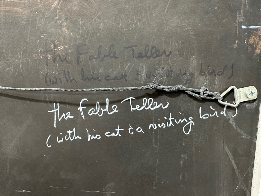 Just Added - Gerrit Greve (1948-2024, Cardiff by the Sea, CA) Original Acrylic Painting On Board Titled 'The Fable Teller (With His Cat & Visiting Bird)' Signed Lower Left Measures 20' X 24' Estimate $500 - $600 [Photo 9]