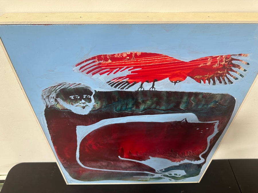 Just Added - Gerrit Greve (1948-2024, Cardiff by the Sea, CA) Original Acrylic Painting On Board Titled 'The Fable Teller (With His Cat & Visiting Bird)' Signed Lower Left Measures 20' X 24' Estimate $500 - $600 [Photo 7]