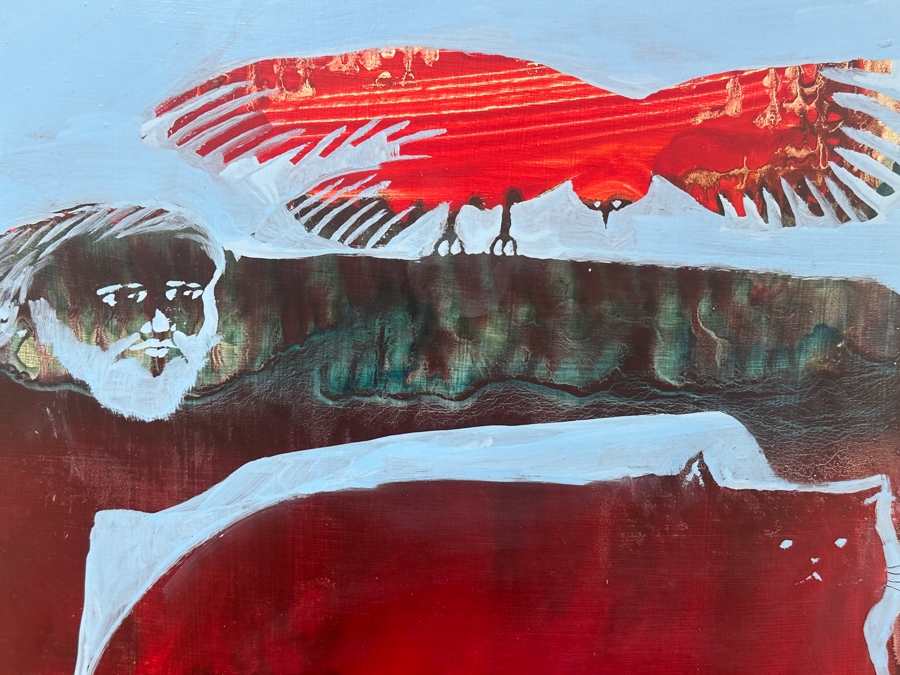 Just Added - Gerrit Greve (1948-2024, Cardiff by the Sea, CA) Original Acrylic Painting On Board Titled 'The Fable Teller (With His Cat & Visiting Bird)' Signed Lower Left Measures 20' X 24' Estimate $500 - $600 [Photo 2]