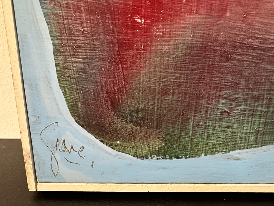 Just Added - Gerrit Greve (1948-2024, Cardiff by the Sea, CA) Original Acrylic Painting On Board Titled 'The Fable Teller (With His Cat & Visiting Bird)' Signed Lower Left Measures 20' X 24' Estimate $500 - $600 [Photo 6]