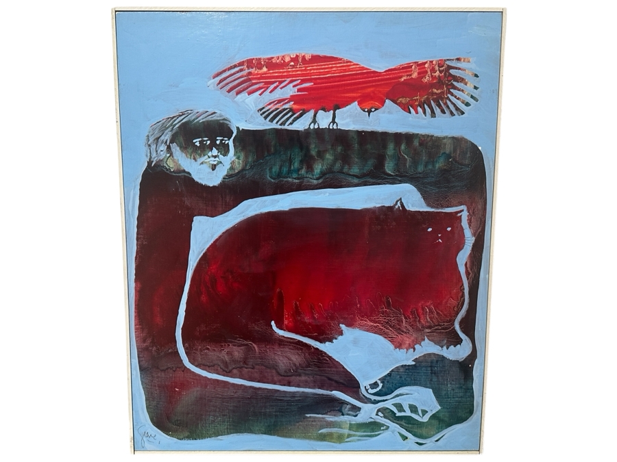 Just Added - Gerrit Greve (1948-2024, Cardiff by the Sea, CA) Original Acrylic Painting On Board Titled 'The Fable Teller (With His Cat & Visiting Bird)' Signed Lower Left Measures 20' X 24' Estimate $500 - $600